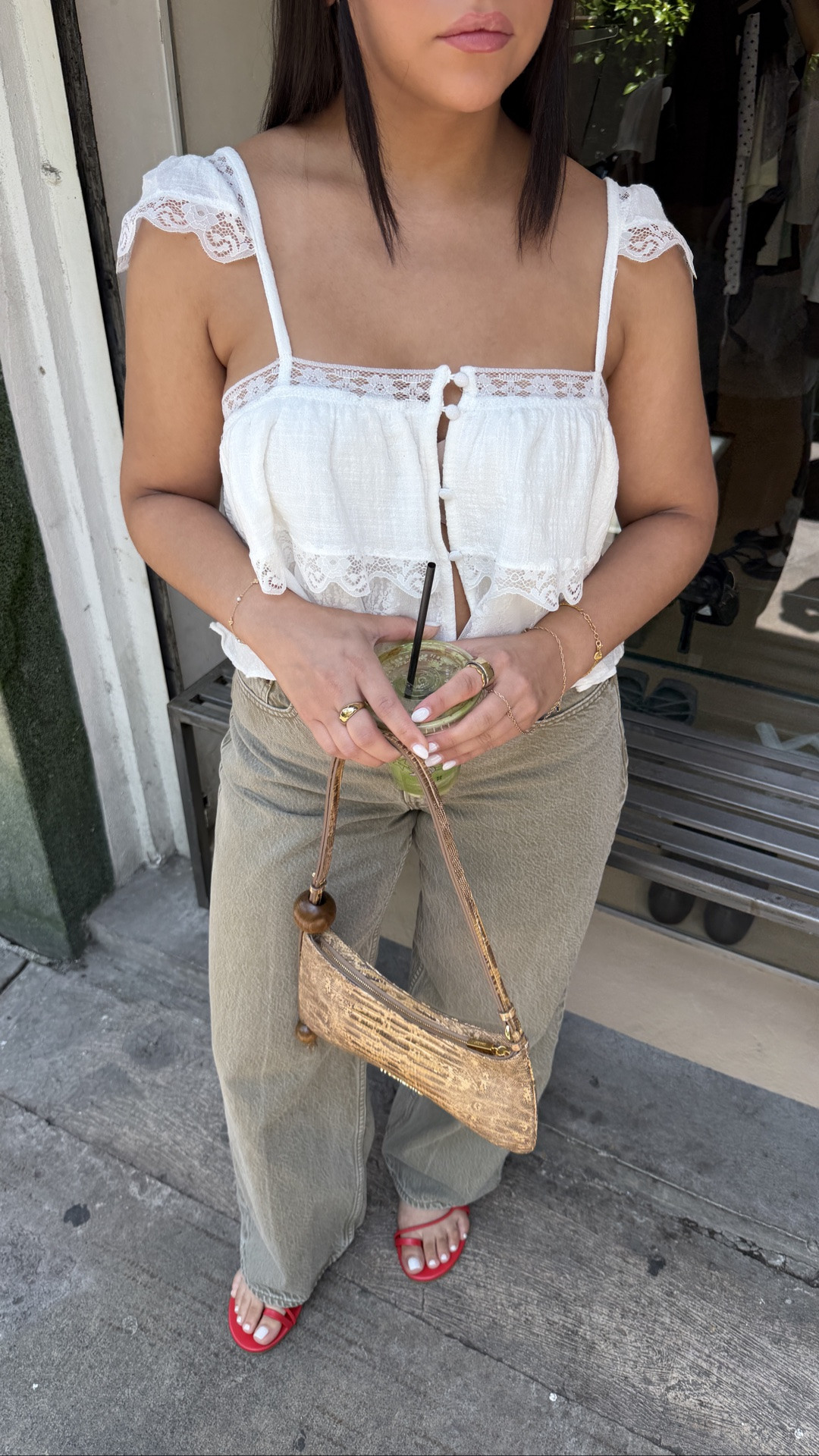 Top: small
Jeans: 26 short 
Sandals: 7
Snakeprint bag 
Matcha run outfit 
Casual summer to fall outfit

#LTKgrwm #LTKTravel #LTKootd