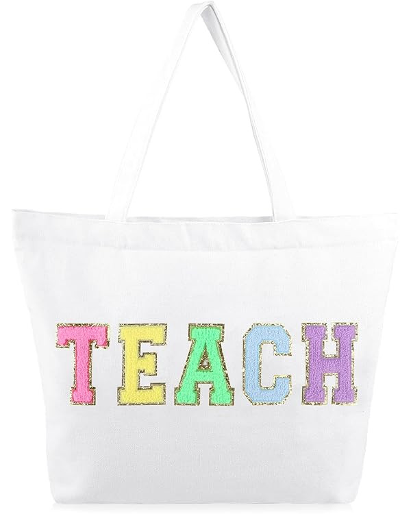 Teacher Appreciation Gifts Teacher Gifts Tote Bag Canvas Chenille Letter Patches with Zipper Pock... | Amazon (US)