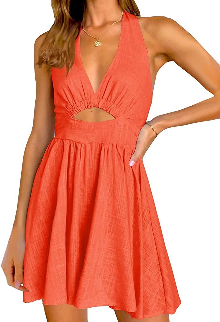 Inorin Womens Summer Sleeveless Halter V Neck Backless Cut Out Sexy Casual Party Swing Flared Min... | Amazon (US)