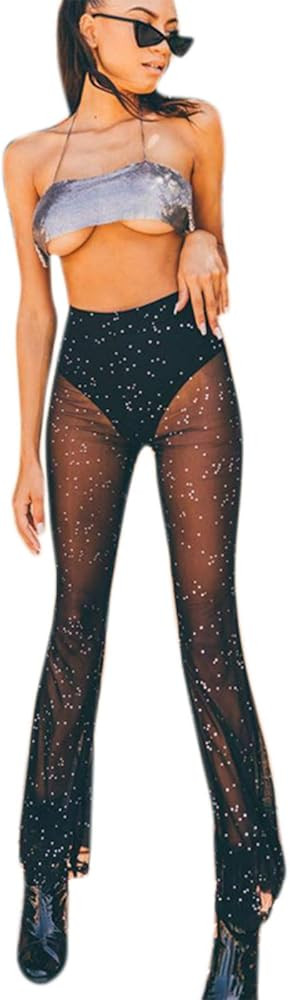 Women Rave Mesh Sheer Pants Flared Bell Bottom Pants for Dance Festival Clubwear | Amazon (US)