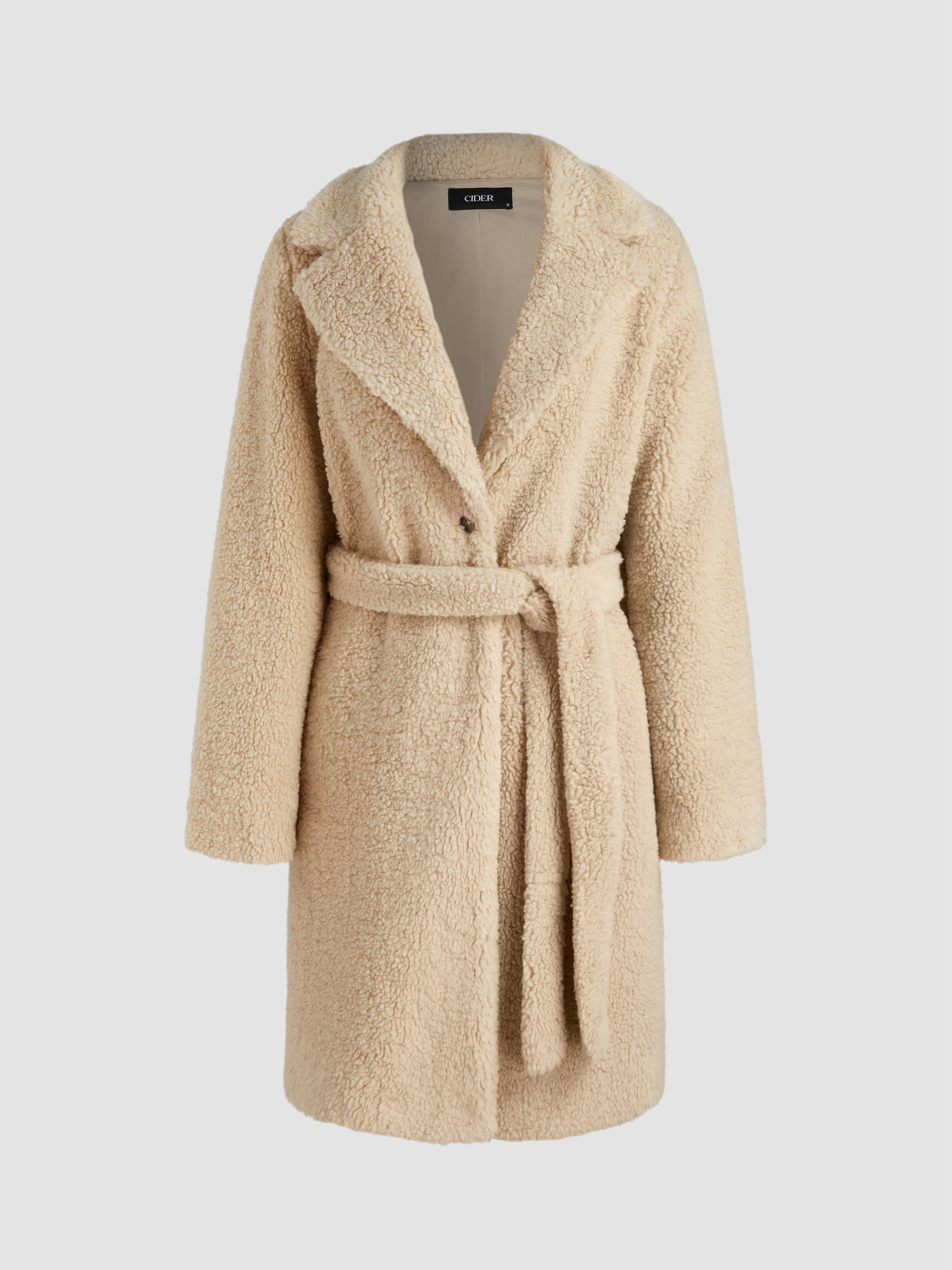 Fleece Fleece Collar Solid Belted Coat For Daily Casual | Cider