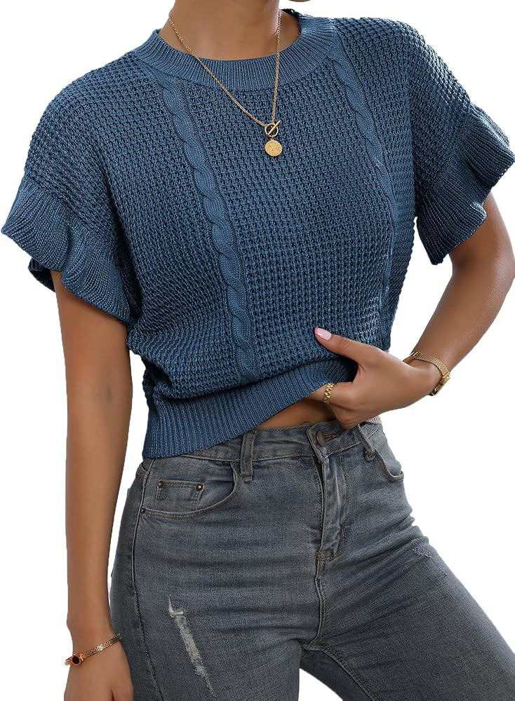 Verdusa Women's Ruffled Short Sleeve Round Neck Knitted Crop Top Pullovers Sweater | Amazon (US)