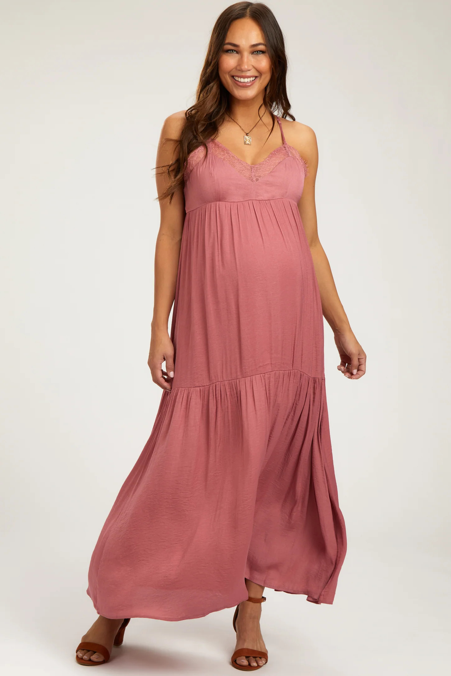 Mauve Sleeveless Lace Tiered Maternity Maxi Dress | PinkBlush Maternity
