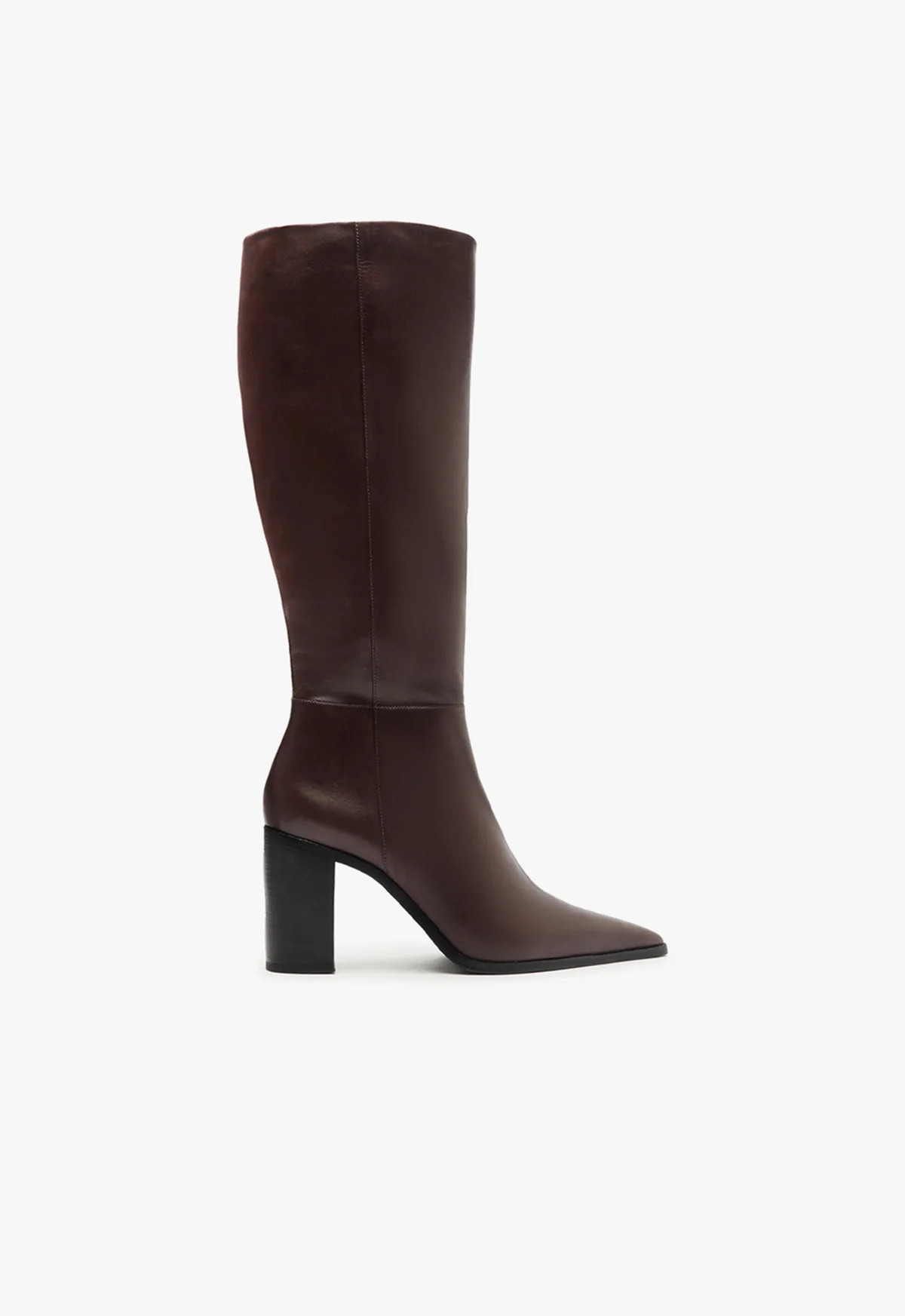 Mikki Up Pointed Toe Block Knee High Boot | Brown | Leather | Schutz (US)