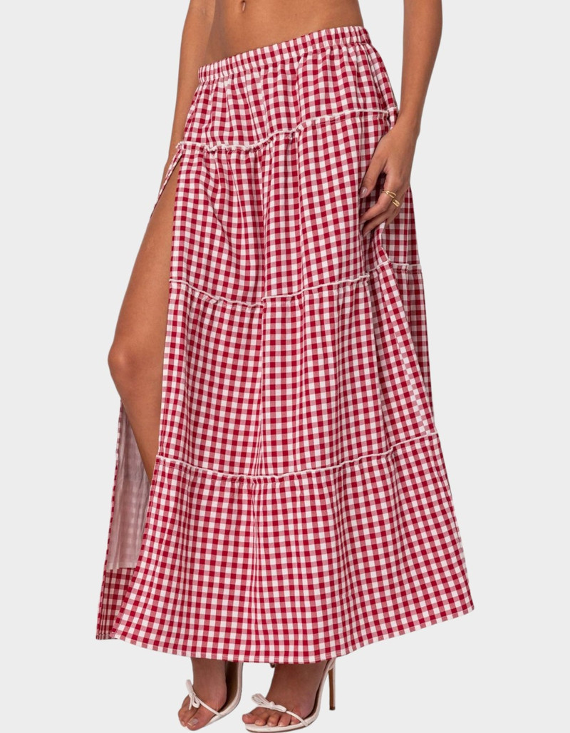EDIKTED Gingham Side Slit Tiered Maxi Skirt | Tillys