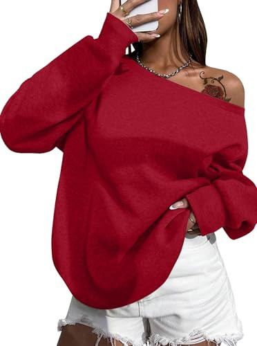 Remidoo Womens Off Shoulder Sweatshirt Drop Shoulder Oversized Long Sleeve Pullover Top Red XX-Large | Amazon (US)