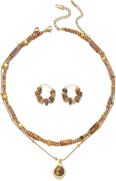 18k Gold Plated Tiger Eye Necklace Earrings Set | Amazon (US)
