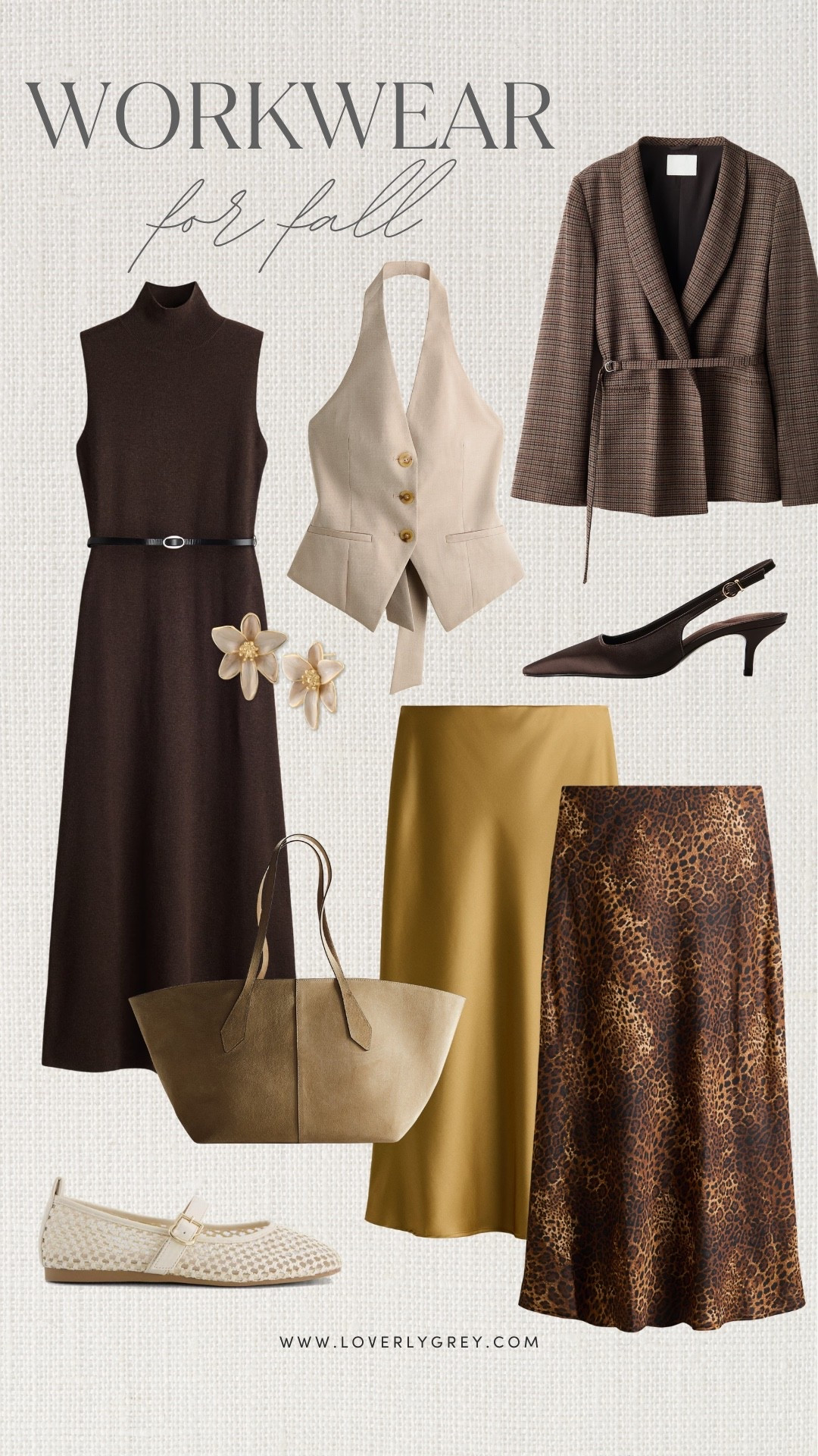 These fall workwear pieces are SO good. I love the rich chocolate brown, satin skirts, tailored blazer and little pops of leopard for easy office outfits that still feel fun.