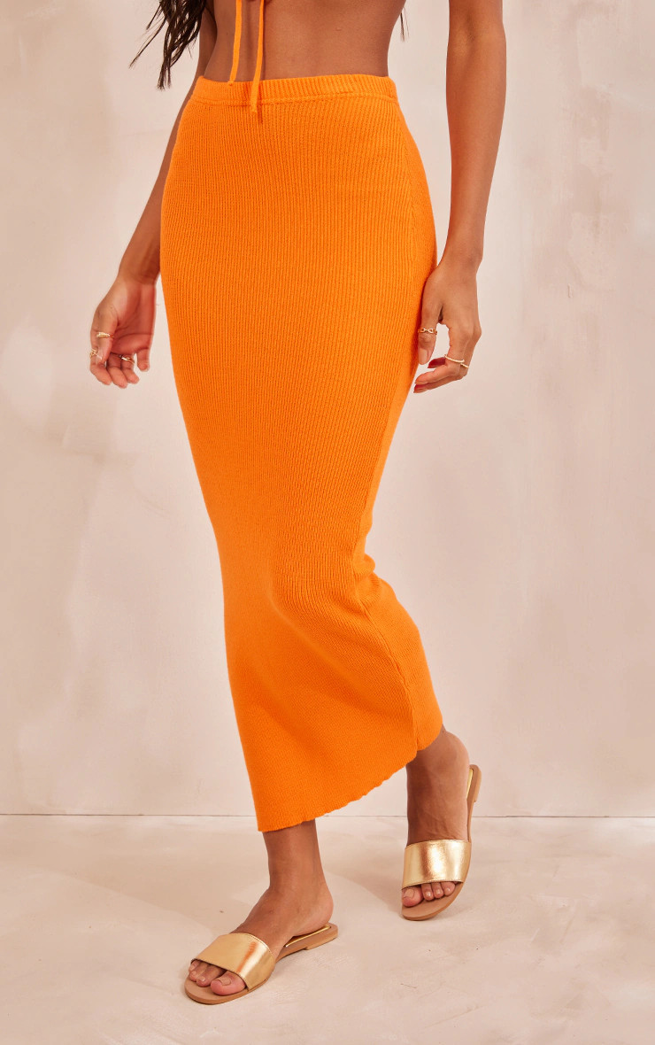 Bright Orange Soft Knit Midaxi Skirt | PrettyLittleThing US
