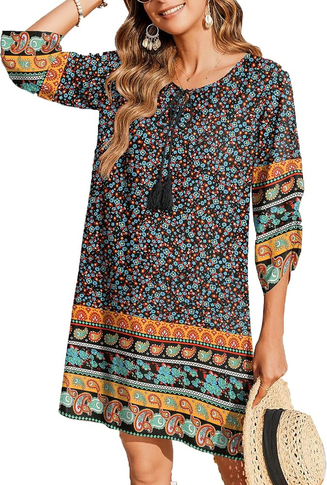 Zeagoo Womens Boho Dresses Casual Beach Summer Dress Tassel Tie Neck 3/4 Long Sleeve Mini Sundres... | Amazon (US)
