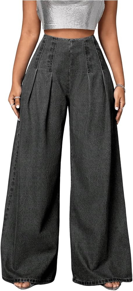 Women's Zip Back Y2K Denim Pants High Waisted Wide Leg Loose Jeans Trouser | Amazon (US)
