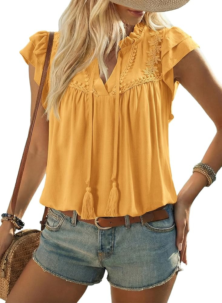 Dokotoo Womens Summer Tops Dressy Casual Ruffle Cap Sleeve Chiffon Blouses Tassel V Neck Lace Emb... | Amazon (US)