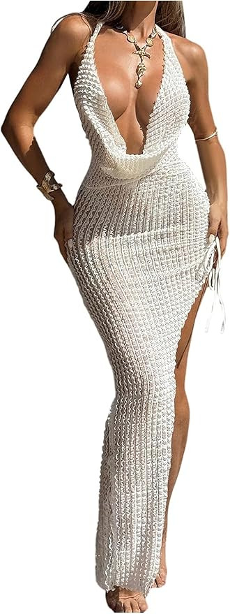 Milumia Women's Crochet Swimsuit Cover Up Sexy Deep V Neck High Slit Bodycon Long Beach Dresses | Amazon (US)