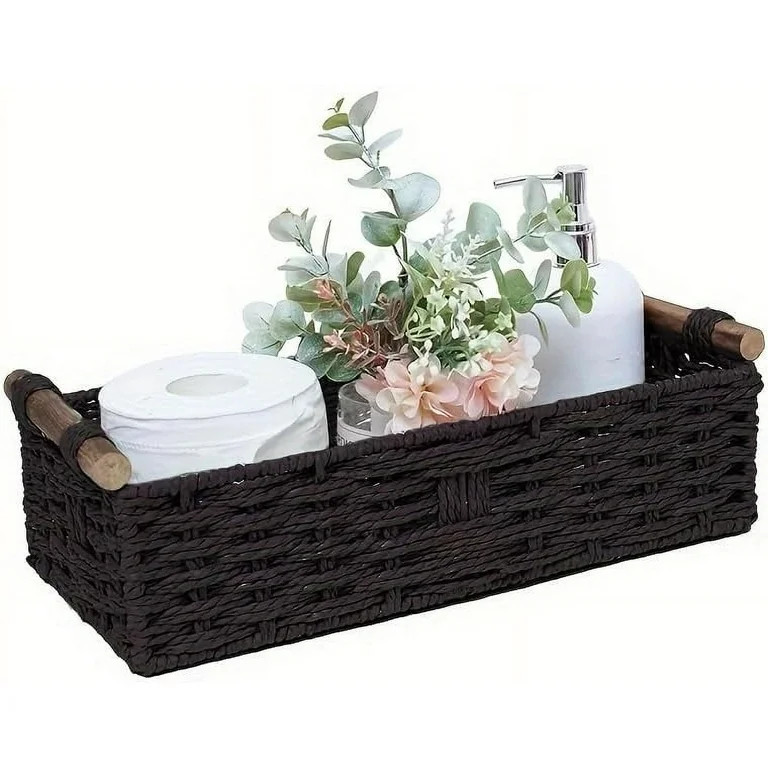 hltusdp Black Paper Rope Storage Basket with Wooden Handle \u2013 Handwoven Decorative Wicker Bas... | Walmart (US)