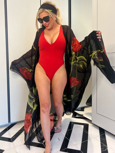 Resort Wear | Vacation Outfit
Hi Cut Plungey One Piece Waist Cinching Corset Swimsuit (see it in action in my previous post)- Comes in a ton of colors! Wearing a S
Black Sheer Rose Floral Kimono Robe Swimsuit Coverup - The sash can double as a head scarf! This is so glam!

#LTKfindsunder100 #LTKswim #LTKover40