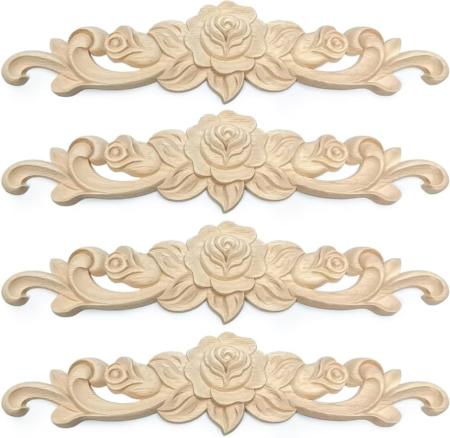 4Pcs Decorative Wood Carved Appliques Onlays, 20 x 5 cm Unpainted Solid Wood Rose Long Carving De... | Amazon (UK)