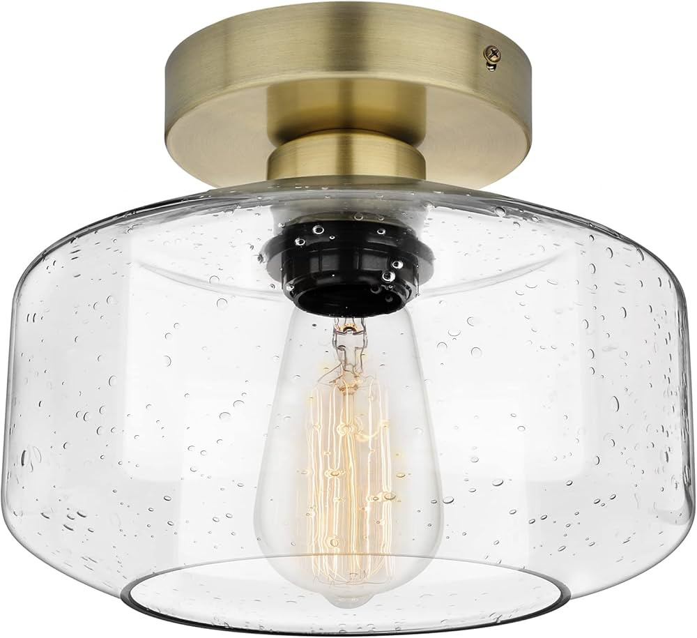 Industrial Semi-Flush Mount Ceiling Light, Seeded Glass Pendant Lamp Shade, Brass Farmhouse Light... | Amazon (US)