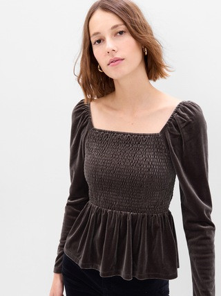 Puff Sleeve Smocked Peplum Velvet Top | Gap (US)