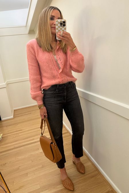 Lunch date ootd! Fall style, fall outfit, Sezane pink cardigan, ag washed black kick crop jeans, Frankie4 slide mules, workwear, office outfit 
#ltkfall 

#LTKworkwear #LTKover40 #LTKstyletip