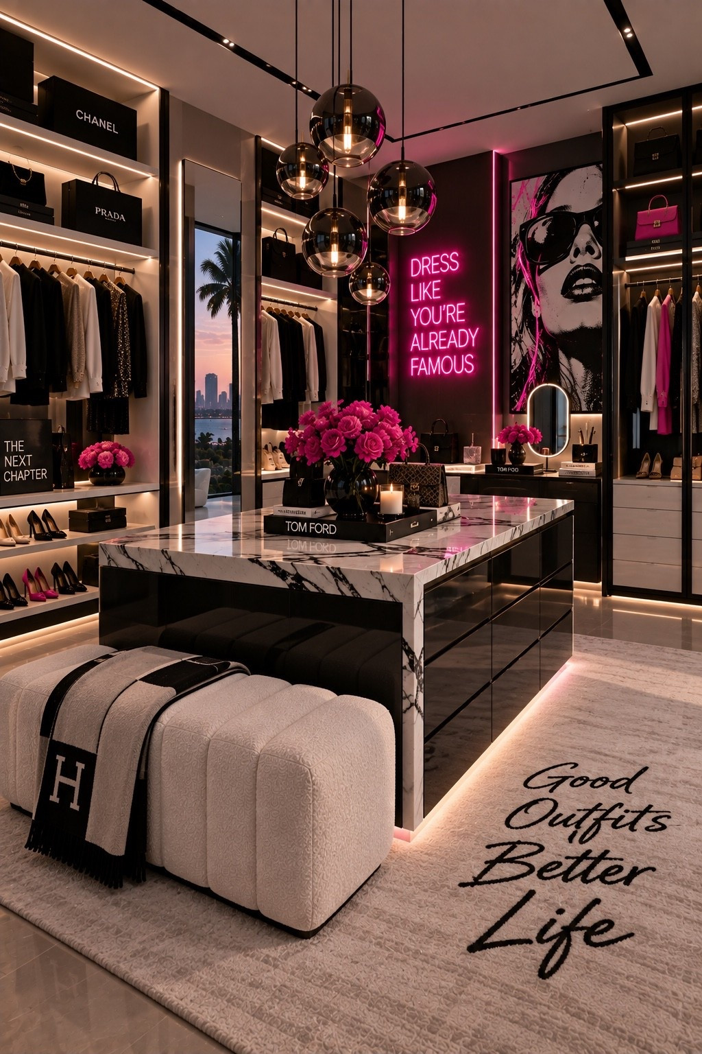 Shop This Room ✨ Shop the full look through my LTK — all products and similar finds are linked below. Create a glamorous Miami-inspired walk-in closet with a statement island, illuminated built-in wardrobes, soft boucle seating, warm ambient lighting and bold pink accents. Black details and neon-inspired wall art give this dressing room a chic, fashion-forward luxury feel.

#WalkInCloset #ClosetDesign #ClosetInspo #DreamCloset #LuxuryCloset #DressingRoom #DressingRoomInspo #ClosetGoals #MiamiStyle #MiamiInteriors #MiamiDecor #ModernGlam #LuxuryInteriors #InteriorDesign #HomeDecor #LuxuryHome #ModernHome #InteriorInspo #HomeInspiration #DesignerInspired #PinkDecor #NeonDecor #BoucleFurniture #LuxuryDecor #HomeStyle #DreamHome