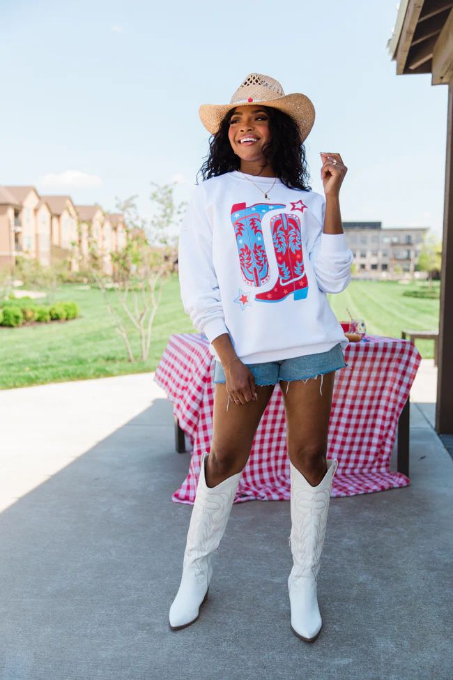 Red White and Boots White Oversized Graphic Sweatshirt DOORBUSTER | Pink Lily