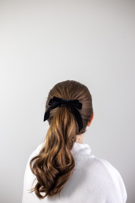 Black Velvet Hair Bow Short Tail Pony Tail | Grace & Grandeur Leanna Bow Black | Etsy (US)