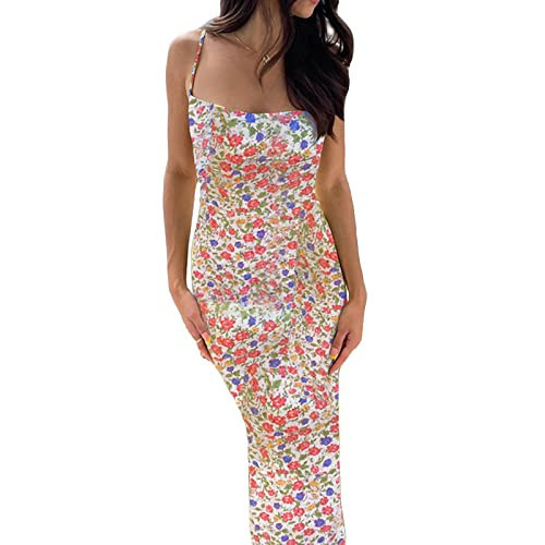 KMBANGI Women Cutout Backless Maxi Dress Sexy Sleeveless Floral Cocktail Dresses Bodycon Spaghetti Strap Long Dress Party(Flower Colorful,S) | Amazon (US)