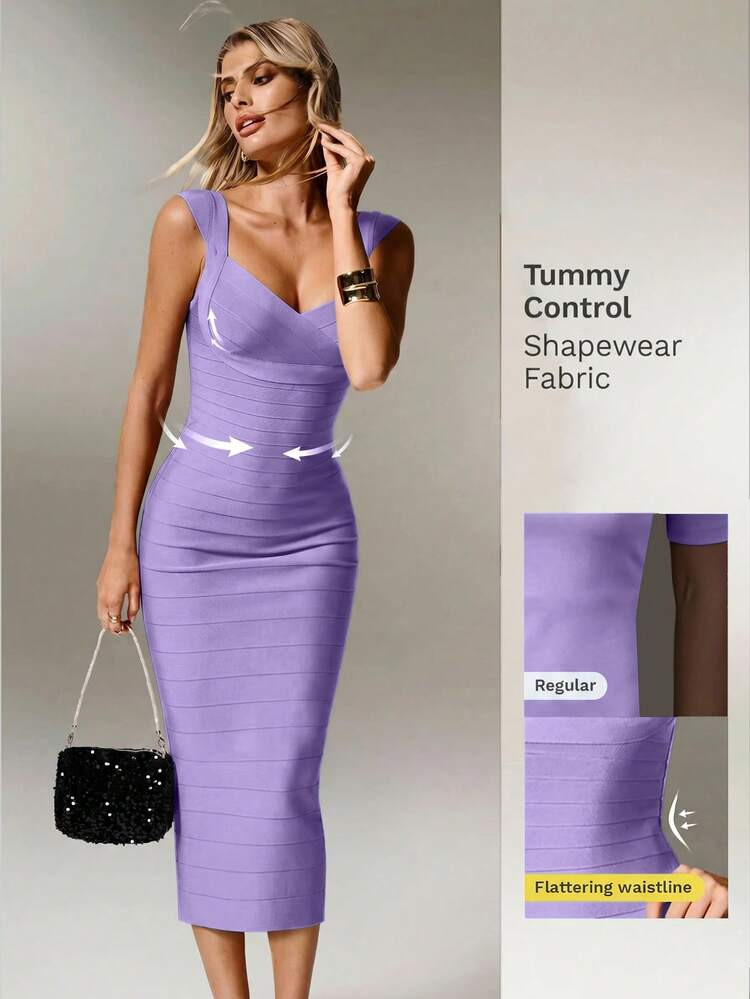 Nuvra Women's Slim Fit Waist-Cinching Knit Fabric Purple Ribbed Knee-Length Party Night Out Minimalist Elegant Bandage Dress Summer | SHEIN