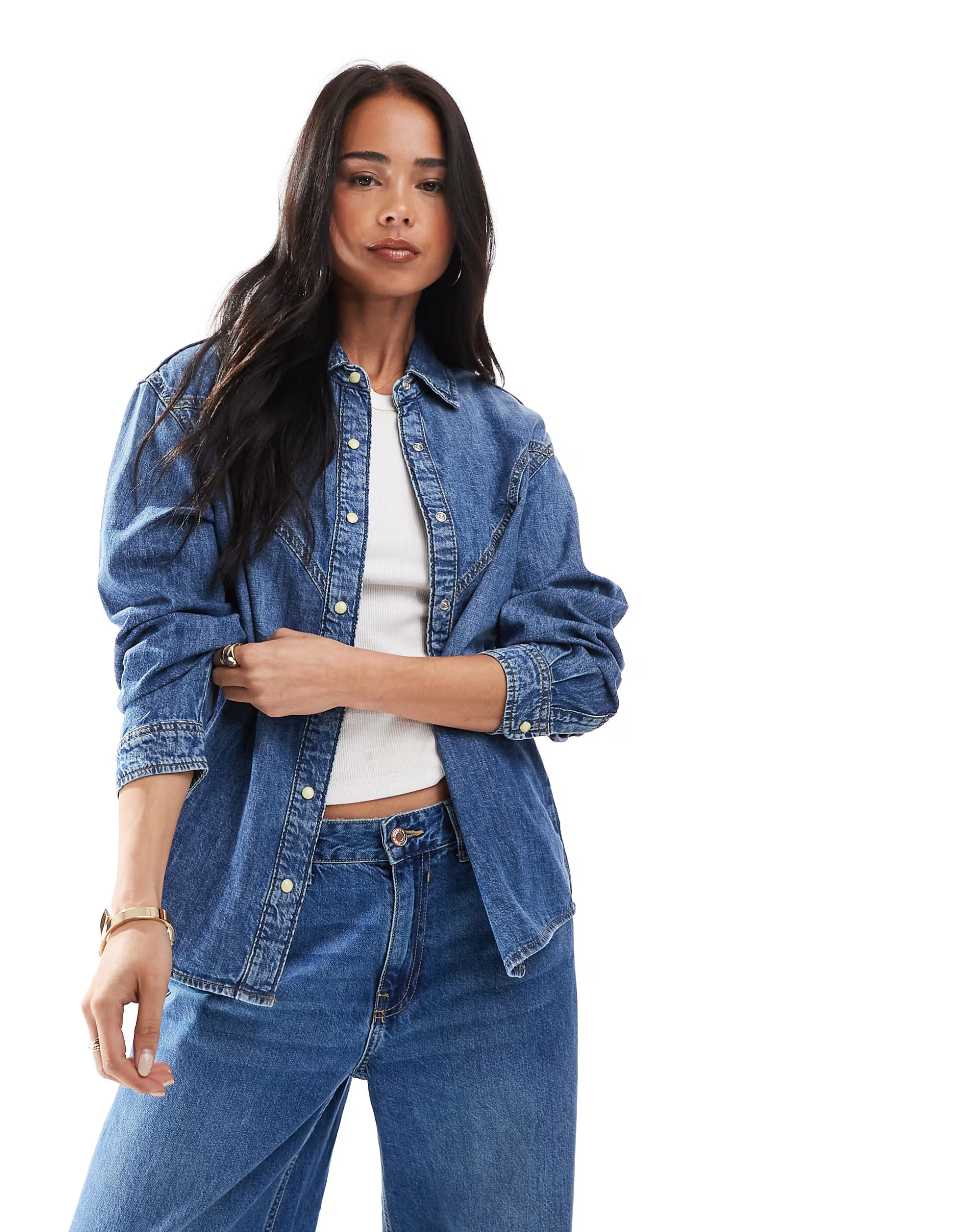 ONLY western detail denim shirt in mid blue | ASOS (Global)