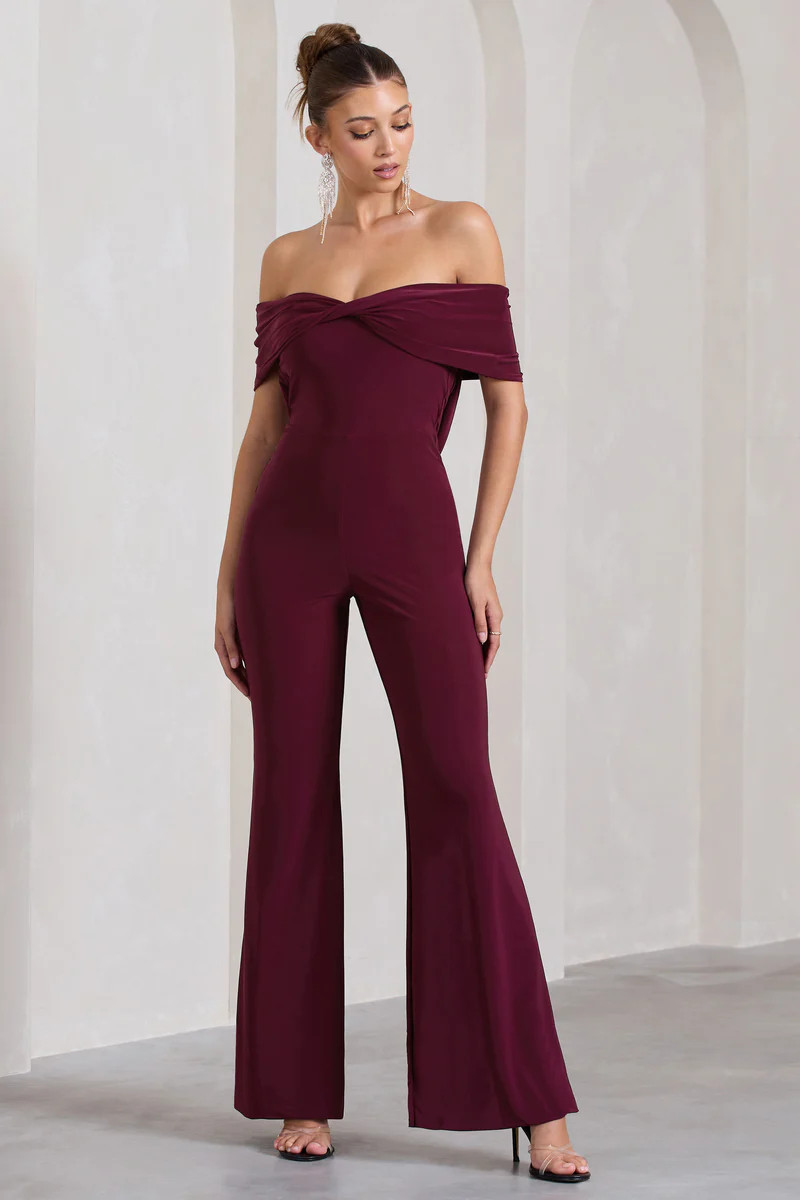 Gemma | Burgundy Bardot Open-Back Flared-Leg Jumpsuit | Club L London