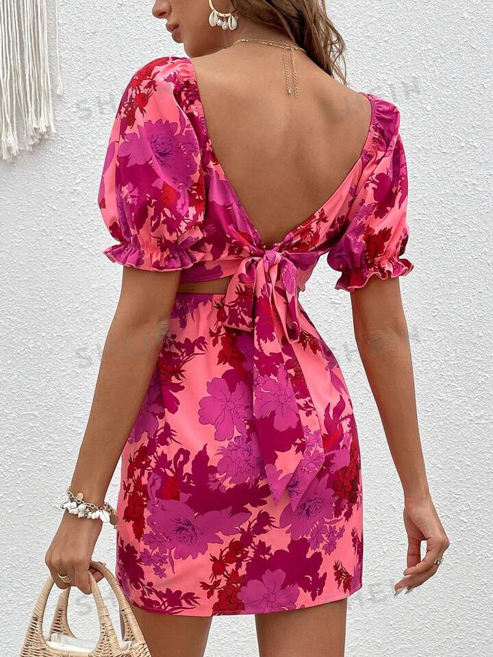 SHEIN VCAY Floral Print Tie Backless Puff Sleeve Dress | SHEIN