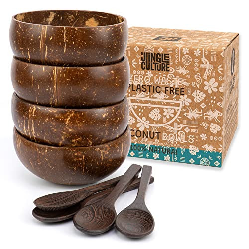 Jungle Culture 4 Polished Coconut Bowl & Wooden Spoons Set with Bamboo Straws • Smoothie Bowls Ideal for Ninja Creami • Healthy Yoghurt & Acai Bowls • Natural Coco Shell Eco Friendly Vegan Gifts | Amazon (US)