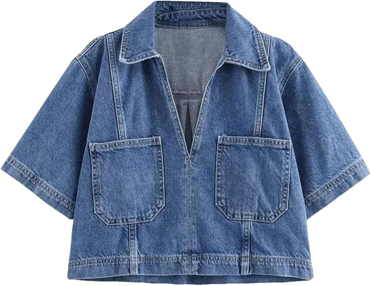 Women's Short Sleeve Cropped Shirt Summer Streetwear Office Denim Shirt | Amazon (US)