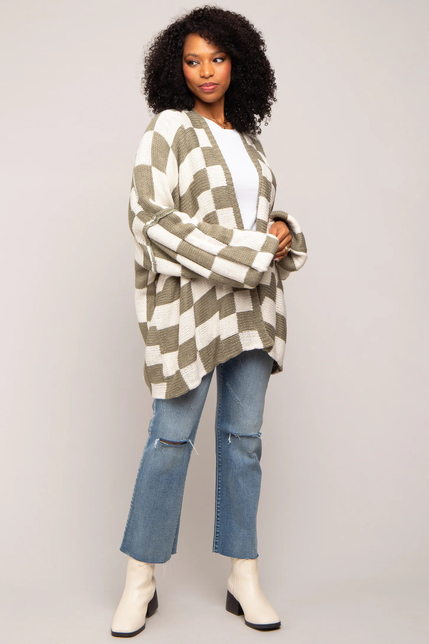 Olive Checkered Print Oversized Cardigan | PinkBlush Maternity