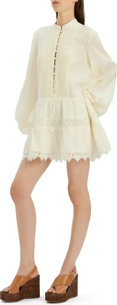 Antonia Lace Trim Long Sleeve Linen Minidress | Nordstrom