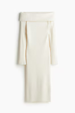 Off-the-Shoulder Fine-Knit Dress - Cream - Ladies | H&M US | H&M (US + CA)