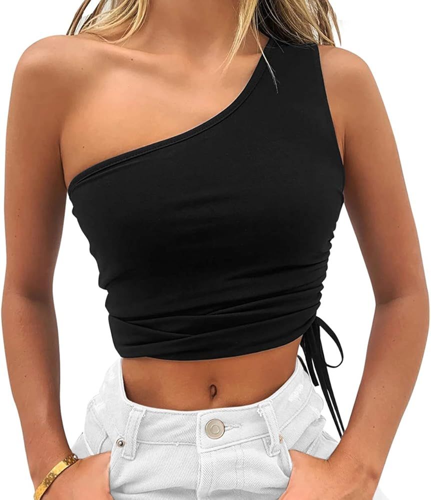 Vivitulip Women's Sexy Sleeveless Crop Tops Casual One Shoulder Drawstring Strappy Tees | Amazon (US)
