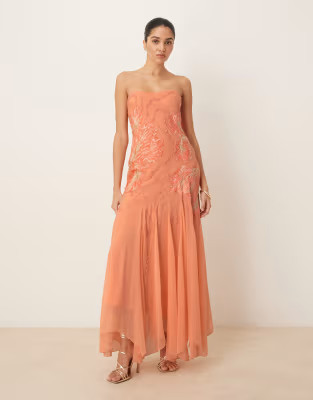 ASOS DESIGN bandeau floral embellished maxi dress in apricot | ASOS | ASOS (Global)
