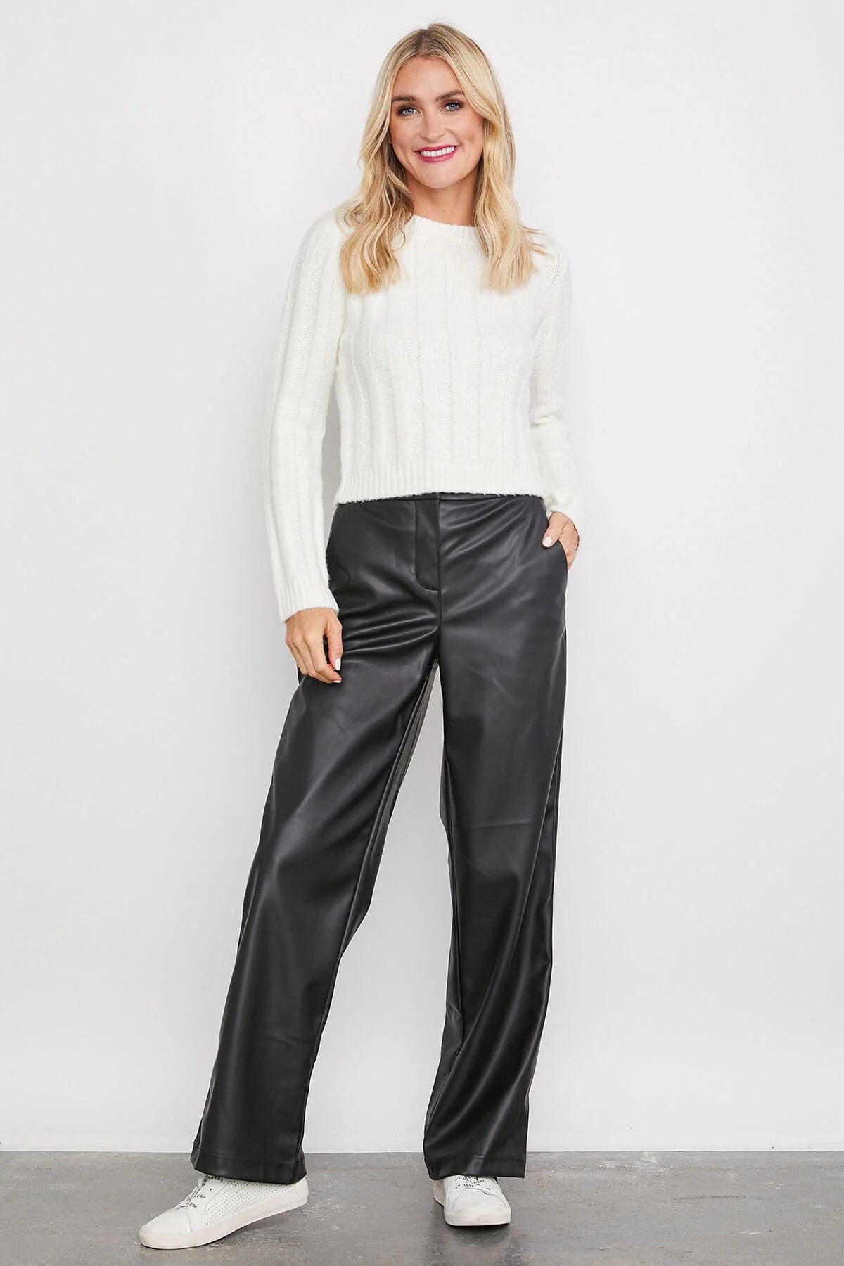RD Style Black Vegan Leather Flat Front Trousers | Social Threads