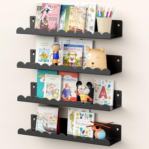 Gattlukd Nursery Book Shelves, 17 Inch Metal Floating Shelves for Wall 4 Pack, Scalloped Shelves, Wall Mounted Book Shelf for Kids Bedroom, Baby Room, Nursery Decor （Black） | Amazon (US)