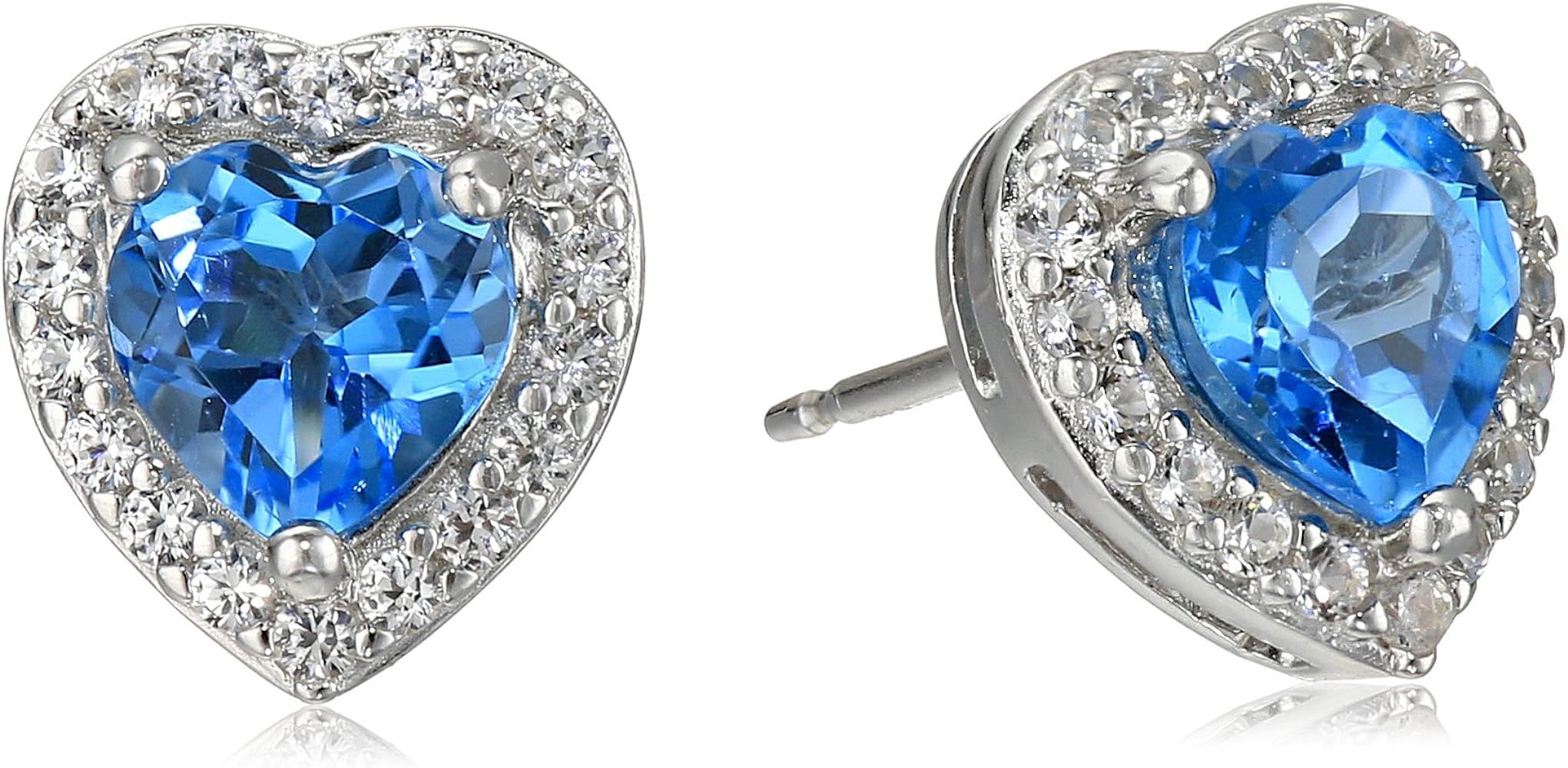 Sterling Silver Birthstone and Created White Sapphire Halo Heart Stud Earrings | Amazon (US)