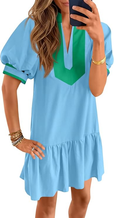 Wenrine Womens Summer Mini Dress Casual Short Puff Sleeve V Neck Color Block Loose Beach A Line D... | Amazon (US)