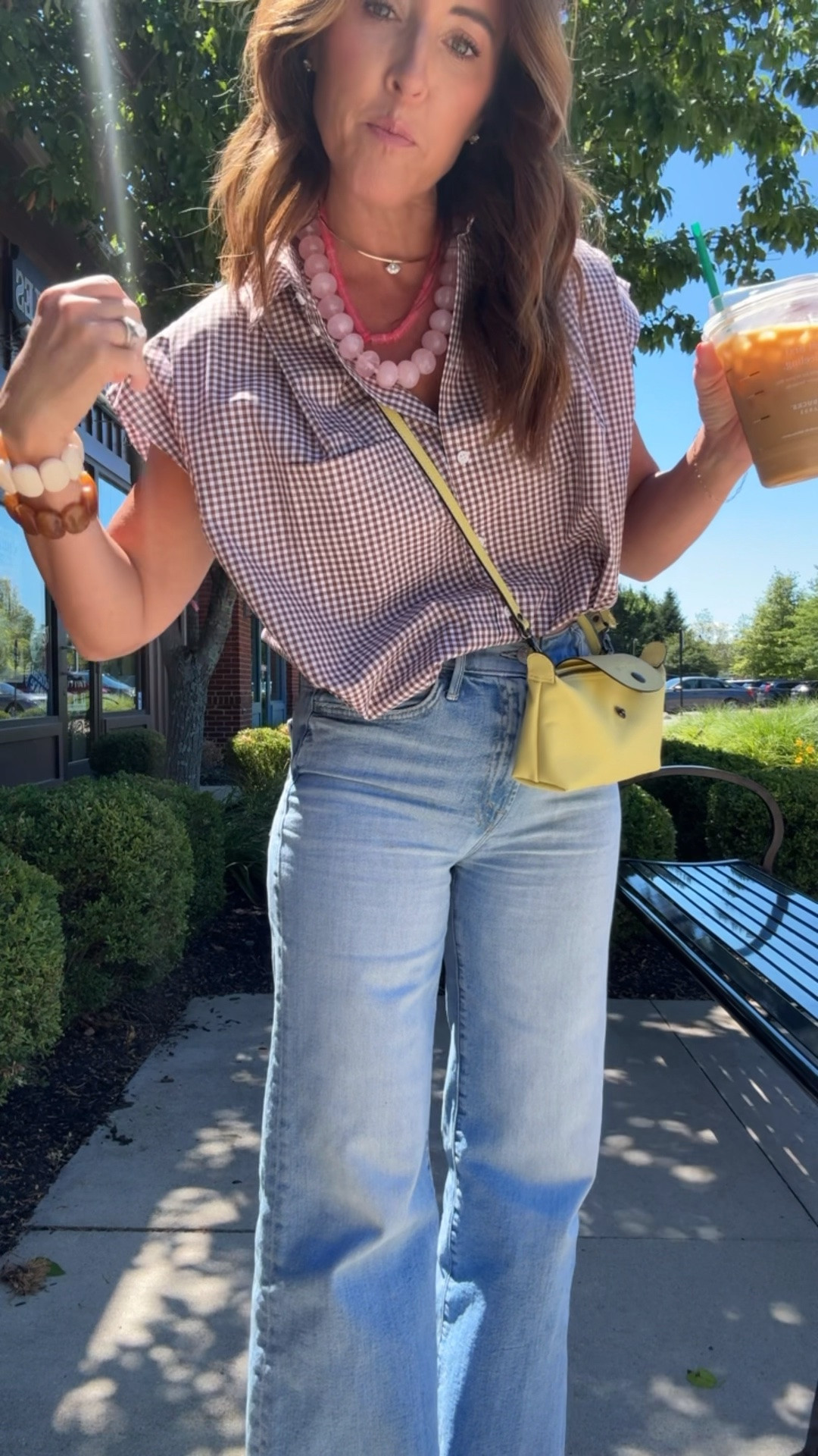 Brown gingham bubble hem top 👌🏻👌🏻
XS
Jeans tts, 25 here. I cut the hem. 
Gold necklace / 20% off / take20
Discount code- Thursday on jeans

#LTKootd #LTKmomlife #LTKOver40