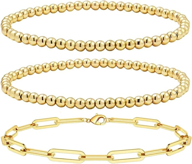 Reoxvo Gold Layered Bracelets for Women,18K Gold Plated Beaded Ball Bracelets for Women Gold Stac... | Amazon (US)