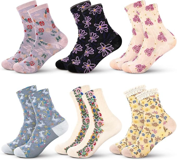 Glitopper 6 Coquette Bow Socks Women Cute Ruffle Ankle Mid Tube Flower Sock Lace Cottagecore Girl... | Amazon (US)