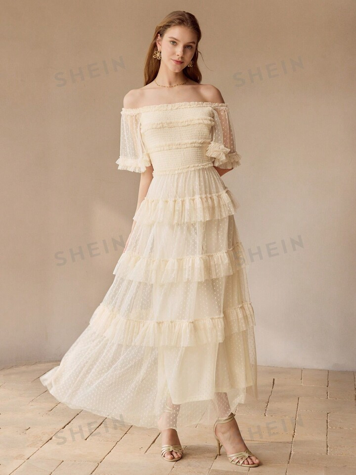 MOTF PREMIUM DOBBY MESH OVERLAY OFF SHOULDER SHIRRED BODICE LAYERED RUFFLE TRIM DRESS | SHEIN