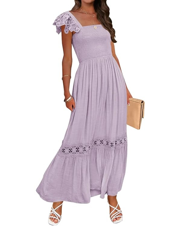 ZESICA Women's 2025 Summer Lace Strap Sleeveless Square Neck Smocked High Waist Ruffle Hollow Out... | Amazon (US)