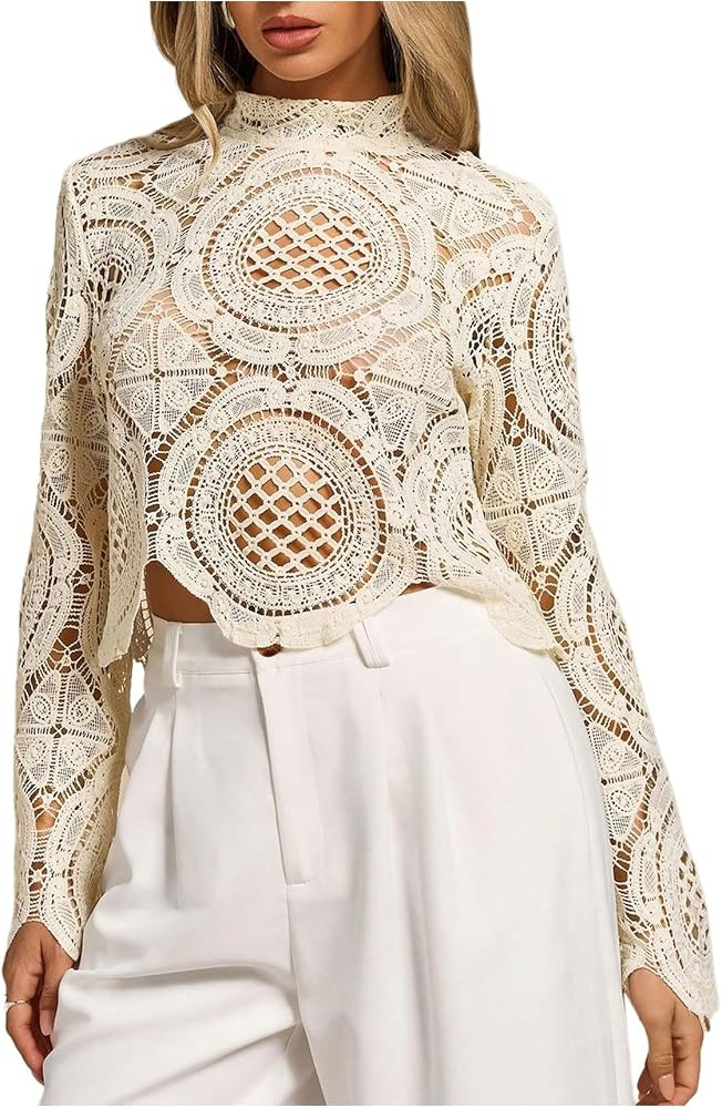 GORGLITTER Women's Gothic Crochet Long Sleeve Tops Festival Goth Fall Mock Neck Eyelet Embroidere... | Amazon (US)