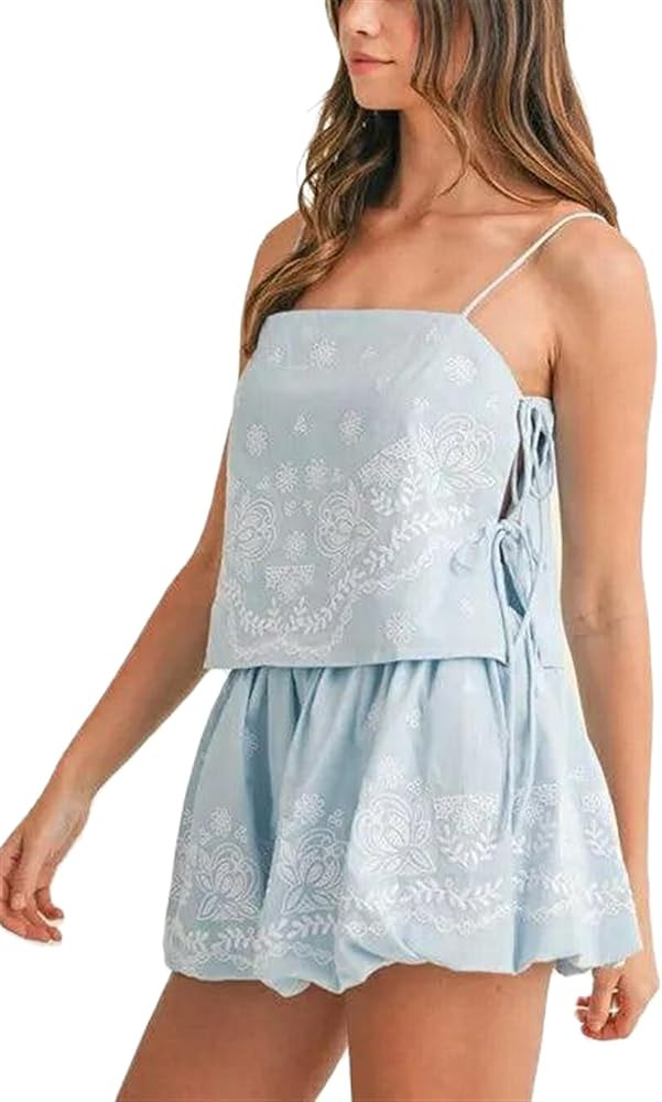 Yuemengxuan Women Tie Side Tank Top Shorts 2 Piece Outfits Set Sleeveless Floral Embroidered Crop... | Amazon (US)