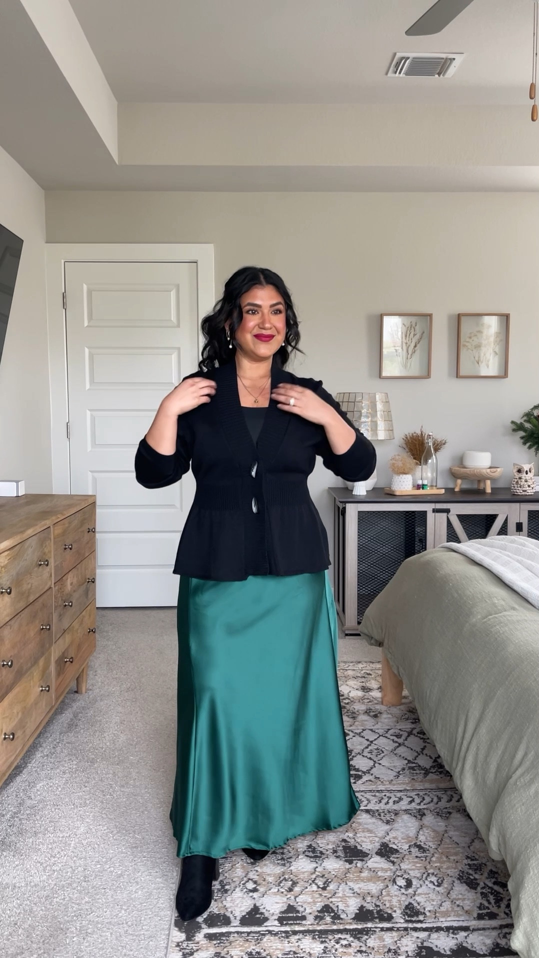 I'm 5'1", size 10-12, large // TOP: size large (but I could've done the medium, it does run a little big and is very stretchy). The availability of it is limited so I linked another similar option that has great reviews. // SATIN SKIRT: I sized up to an XL in this for more room in the thighs and hips. I did not want this to be fitted. Different colors have different shipping times, so be sure to toggle through them! // BOOTS: true to size 